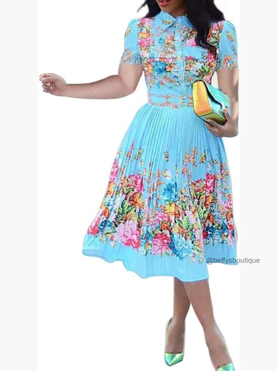 Dresses & Skirts - Three-Quarter Sleeve Knee Length Pleated Floral Sheath Dress